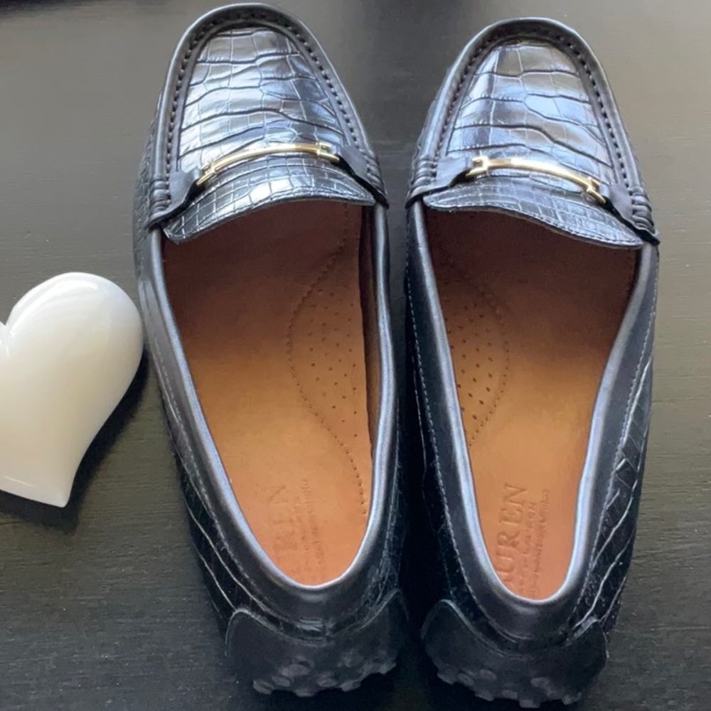 RALPH LAUREN Black Crocodile Embossed Loafers with Gold Accent - Picture 3 of 4
